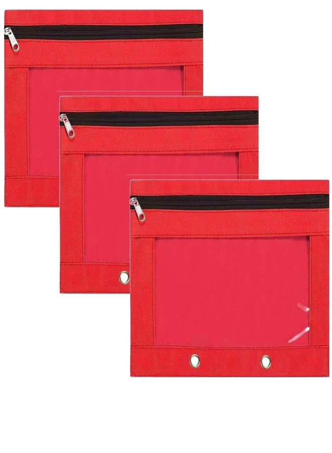 Lify 2 Rings Binder Pencil Pouch, Zipper Pencil Pouches,Canvas Fabric Pencil Pouches, Zippered Pencil Cases with Clear Window for Office School Supplies, 3 Pack (Red-3Pcs) - Image 1